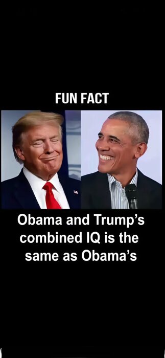 En bild med två män bredvid varandra som ler, med texten “Fun Fact: Obama and Trump’s combined IQ is the same as Obama’s”.