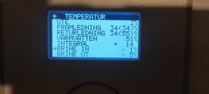 Temperaturdisplay på en Thermia Atria värmepump med olika temperaturer för utomhus, framledning, returledning, varmvatten och brine-in/out.