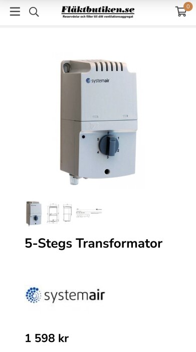 Bild av en 5-stegs transformator från Systemair, rekommenderad pris 1 598 kr, med fokus på strömstyrka under 1,5 Amper.