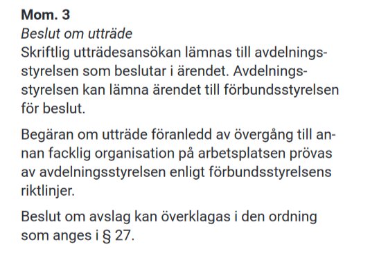 Stadgartext från IF Metall om beslut kring utträde och hantering av utträdesansökan av avdelnings- och förbundsstyrelse.