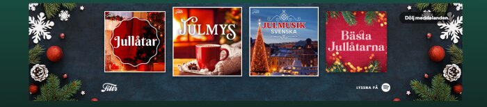 Annonser på Spotify visar olika julspellistor, inklusive "Jullåtar", "Julmys", "Julmusik Svenska" och "Bästa Jullåtarna".