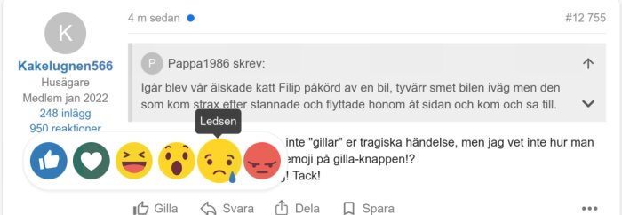 En Facebook-liknande reaktionsmeny med markören över en ledsen emoji, används för att reagera på sorgliga händelser i ett onlineforum.