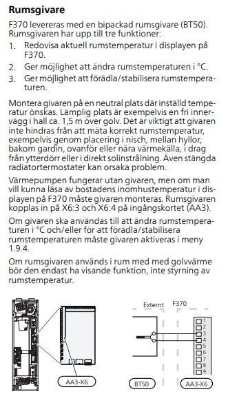 Diagram som visar rumsgivare F370 kopplad till BT50-anslutning och moderkortet AA3-X6 med instruktioner för montering och temperaturjustering.