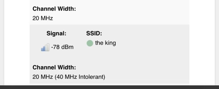 Skärmdump av Wi-Fi-analys som visar signalstyrka -78 dBm och nätverks-SSID "the king" med kanalbredd 20 MHz.