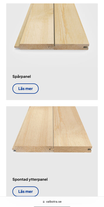 Övre bilden visar en spårpanel med rak kant, nedre bilden visar en spontad ytterpanel med traditionell design för byggprojekt.