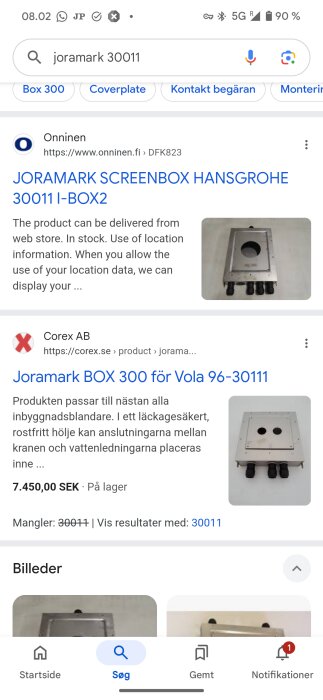 Google-sökning för "Joramark 30011" med resultat för aluminiumlådor och inbyggnadsprodukter från Onninen och Corex AB.