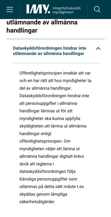 Skärmbild av IMY:s webbplats som förklarar att dataskyddsförordningen inte hindrar utlämnande av allmänna handlingar enligt offentlighetsprincipen.