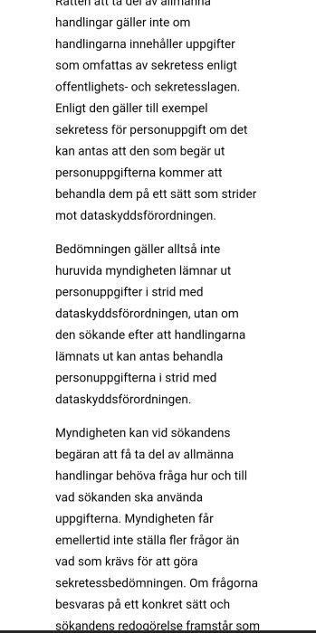 Textutdrag från en paragraf i en svensk lagtext om sekretess och dataskydd.