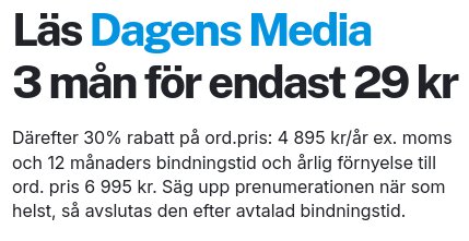 Annons för Dagens Media: prenumerationserbjudande 3 månader för 29 kr, sedan 4 895 kr/år exklusive moms med 12 månaders bindningstid.