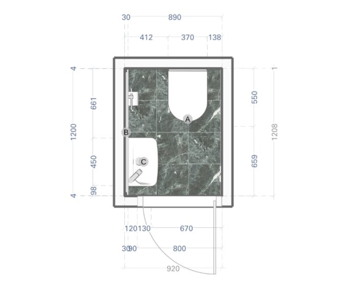 Planritning av ett litet badrum med toalett, handfat och inredningsalternativ markerade som A, B och C. Mått och layout visas tydligt.