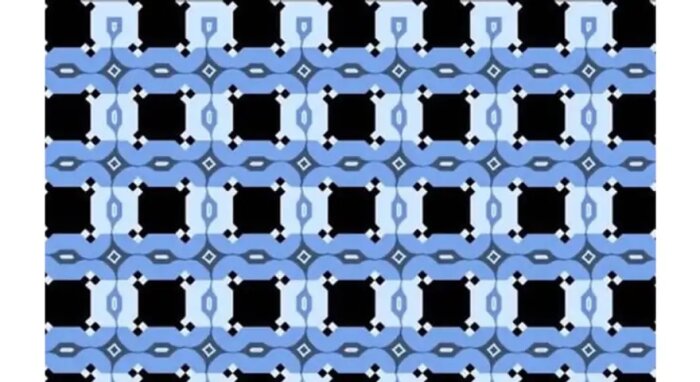 Mönster av blå och svarta geometriska former med vita parallella linjer, som illustrerar ortogonalt perspektiv i tangentens riktning.