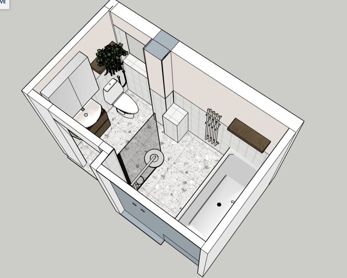 3D-skiss av badrum med dusch, toalett, handfat, badkar och väggmonterad hylla.