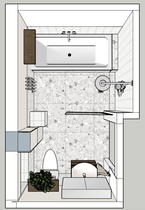 3D-skiss av badrum ovanifrån med badkar, dusch, toalett, växter och förvaringsskåp. Golvet har mönstrade plattor.