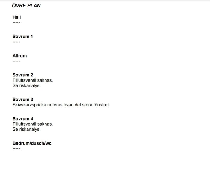 Översikt över övre våningsplan, listar rum som hall, sovrum, allrum och badrum. Markeringar om brister som avsaknad av tilluftsventiler och skivskarvspricka.