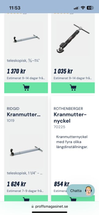 Bild av två olika kranmutternycklar från Proffsmagasinet, en från Ridgid och en från Rothenberger, med pris och produktinformation.