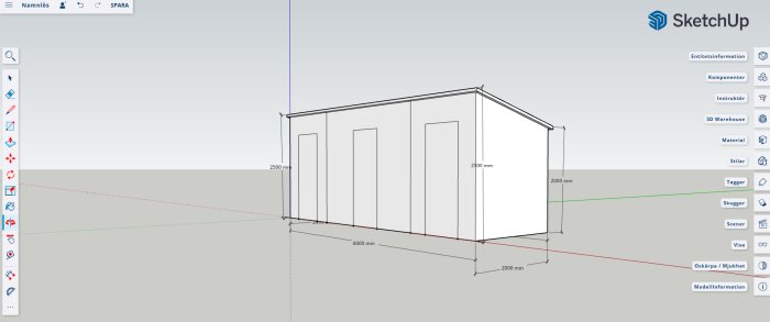 3D-modell av ett förråd i SketchUp, visar struktur med måttangivelser.