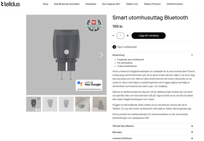 Svart smart uttagsplugg för utomhusbruk, kompatibel med Google Home och styrs via Bluetooth, visas framifrån.