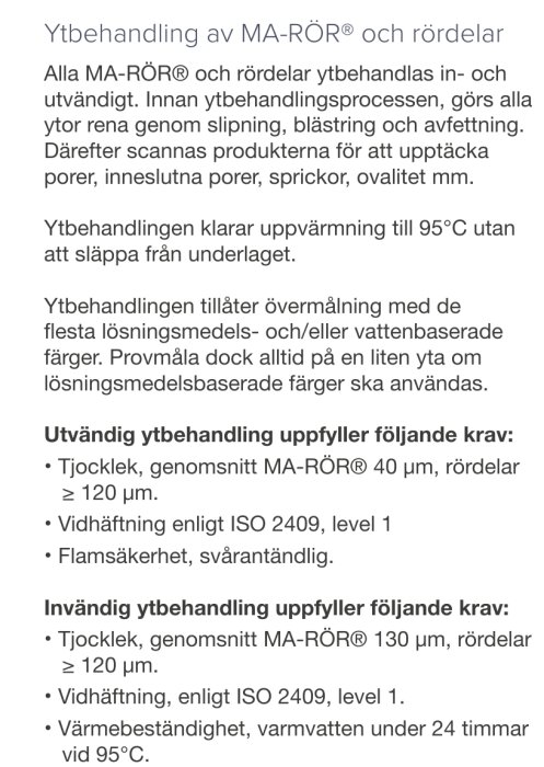 Text om ytbehandling av MA-RÖR, inklusive krav för in- och utvändiga behandlingar, värmebeständighet och tjocklek enligt ISO 2409.