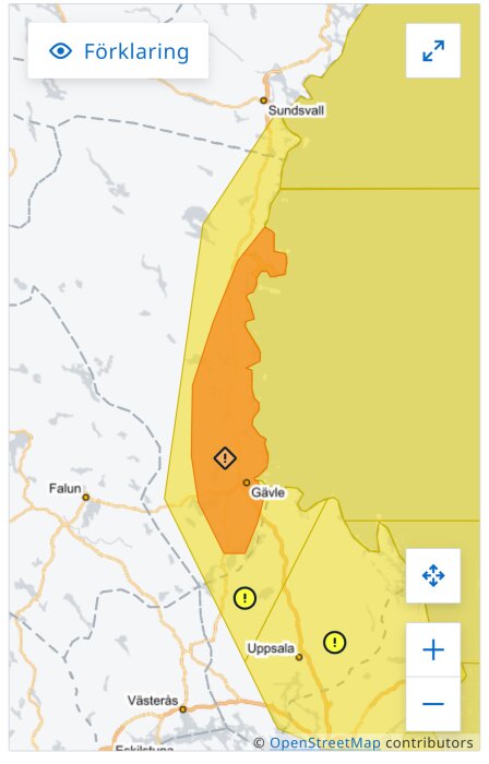 Karta över Sverige med varningsområden markerade kring Sundsvall, Gävle och Uppsala i orange och gult.