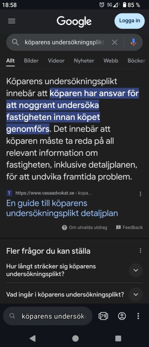 Skärmbild av Google-sökning om köparens undersökningsplikt med markerad text som beskriver köparens ansvar att undersöka fastigheten.