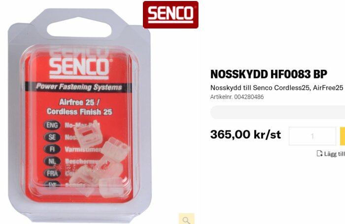 Förpackning med Senco nosskydd HF0083 BP för Cordless25 och AirFree25 dyckertpistol, pris 365 kr per styck.