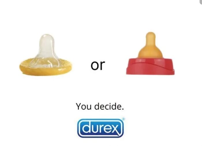 Kondom bredvid flasknapp med texten "You decide" och Durex-logotypen.