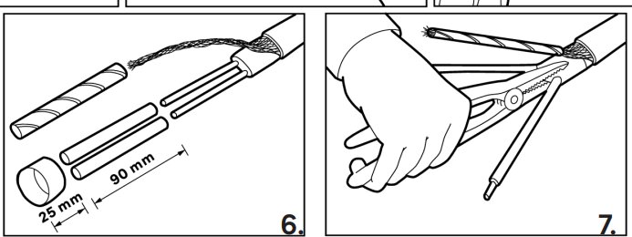 Instruktion för anslutning av Ebeco F10 värmekabel med avskalade ledningar och jordfläta samt verktyg som används för montering.