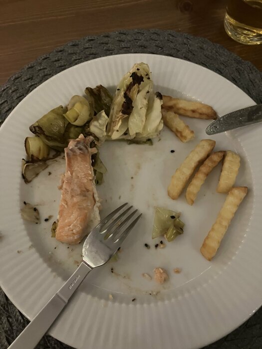 Tallrik med rester av lax, spetskål, purjolök, sesamfrön och pommes frites. Fork och kniv ligger bredvid på tallriken.