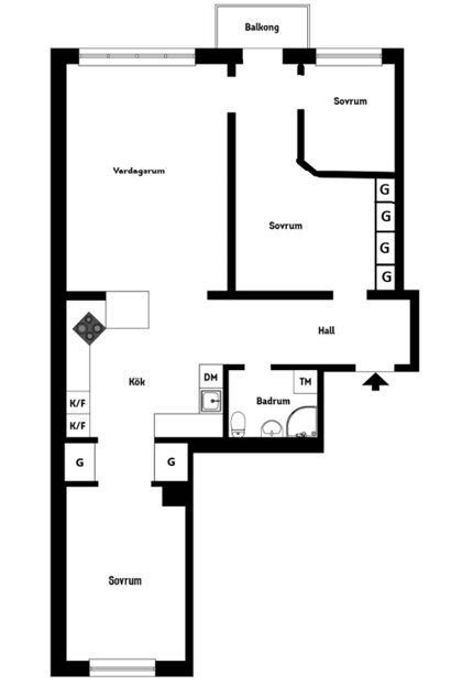 Planritning av lägenhet med tre sovrum, vardagsrum, kök, badrum och balkong.