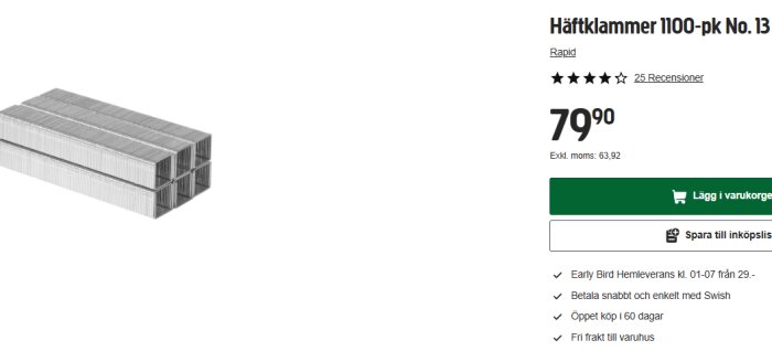 Förpackning med 1100 häftklamrar, märkt Rapid, pris 79,90 kr, med flera positiva recensioner.