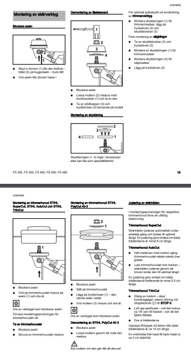 Illustrationer och instruktioner för montering och justering av STIHL trimmerhuvuden, inklusive modell SuperCut, AutoCut, TrimCut, och PolyCut 40-3.