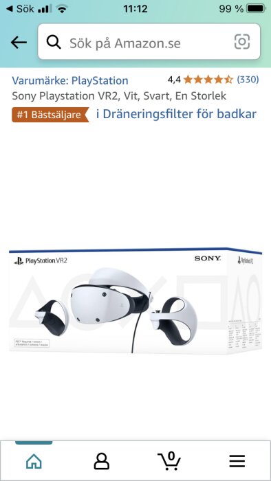 Sony PlayStation VR2-förpackning listad som "#1 Bästsäljare i Dräneringsfilter för badkar" på Amazon.