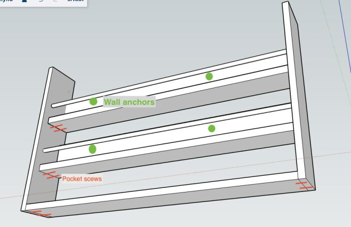 Ritning av en tallrikshylla med två hyllplan, märkta med väggfästen och fickskruvar, i en enkel konstruktion.