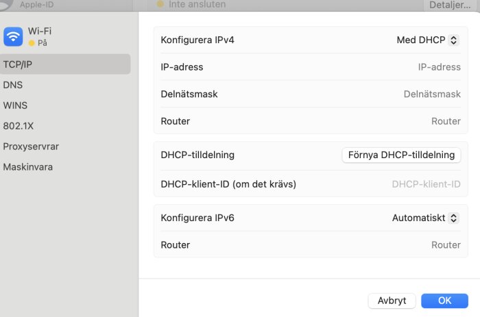 Inställningar för WiFi-anslutning med alternativ för TCP/IP och DHCP, visar IP-adress, delnät, och routerinformation.