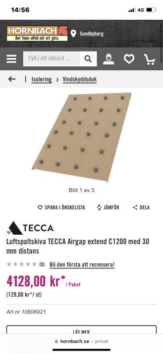 Tecca luftspaltskiva Airgap extend C1200 med knoppar, visas på Hornbachs webbplats med pris och produktinformation.