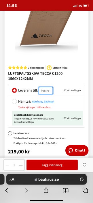 Luftspaltskiva Tecca C1200 från Bauhaus, pris 219 kr, tillgänglig i weblager. Ej i Göteborgs (Bäckebol) varuhus.