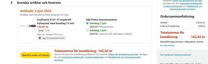 Amazon-bestälningssida visar leveransdatum 2 juni 2025 för Kraftwerk 4127-13 ergokraft hylsnyckel, pris 142,92 kr.