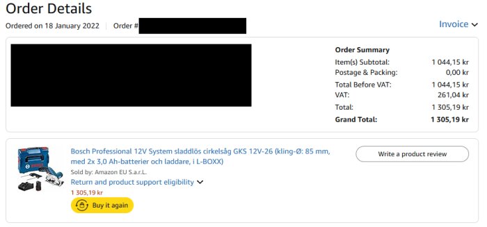 Beställningsdetaljer från Amazon för en Bosch 12V cirkelsåg med batterier, köpt i januari 2022. Totalpris 1305,19 kr.