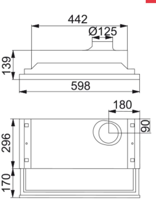 Måttsatt ritning av ett fläktaggregat med anslutning på 125 mm och detaljerade dimensioner som 598x442 mm i översiktsvy.