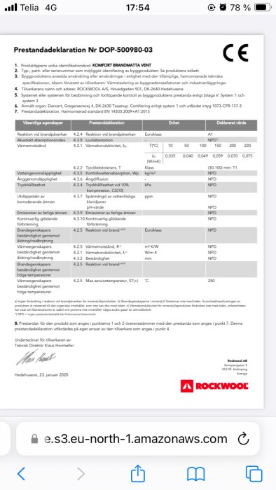 Prestandadeklaration för Rockwool Firemat, visar värmebeständighet och andra tekniska specifikationer, angiven max servicetemperatur 250 grader.