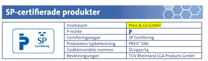 Certifieringsdokument för SP-certifierade produkter från Preis & Co GmbH med produktens benämning PREIS® SML och godkännandenummer SC0950/14.