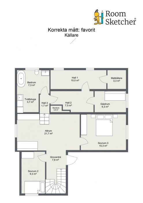 Planlösning över källarvåning med badrum, tvättstuga, hallar, allrum, groventré, gäst- och sovrum samt matkällare.