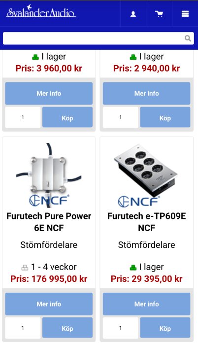 Produktbild av strömfördelare från Furutech, modeller Pure Power 6E NCF och e-TP609E NCF, med pris och lagerstatus från Svalander Audio.