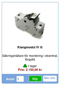 Klangmodul IV G för montering i elcentral, förgylld säkringshållare, pris 2150 kr, med lagerstatus och köpknapp.