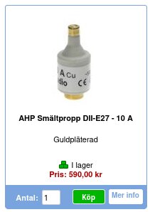 Guldpläterad AHP Smältpropp DII-E27 - 10 A med pris och köpknapp, i lager.