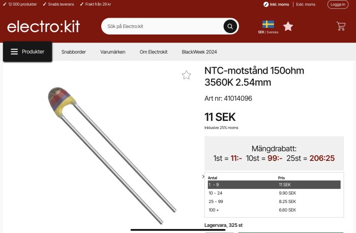 NTC-motstånd 150ohm med specifikationer och pris från Electrokit webbplats.