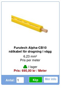 Gul nätkabel Furutech Alpha-CB10 för väggdragning, 6,23 mm², pris 695 kr/m, bild från en webbutik med köpknapp.