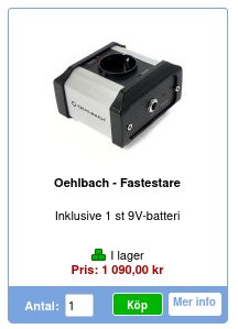 Oehlbach Fastestare med 9V-batteri, svart och silver design, pris 1 090 kr, visas med köpknapp och lagerstatus.