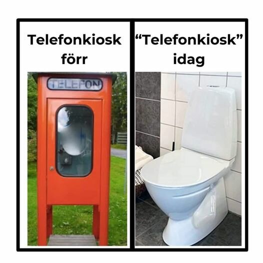 Bild med en gammal telefonkiosk och en toalettstol, med texten "Telefonkiosk förr" och "Telefonkiosk idag".