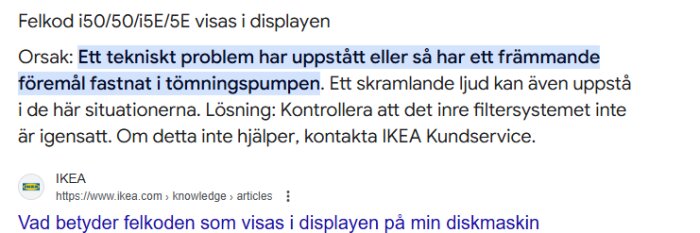 En skärmbild av ett sökresultat som visar Ikea:s information om felkod i50/50/i5E/5E på diskmaskinens display.